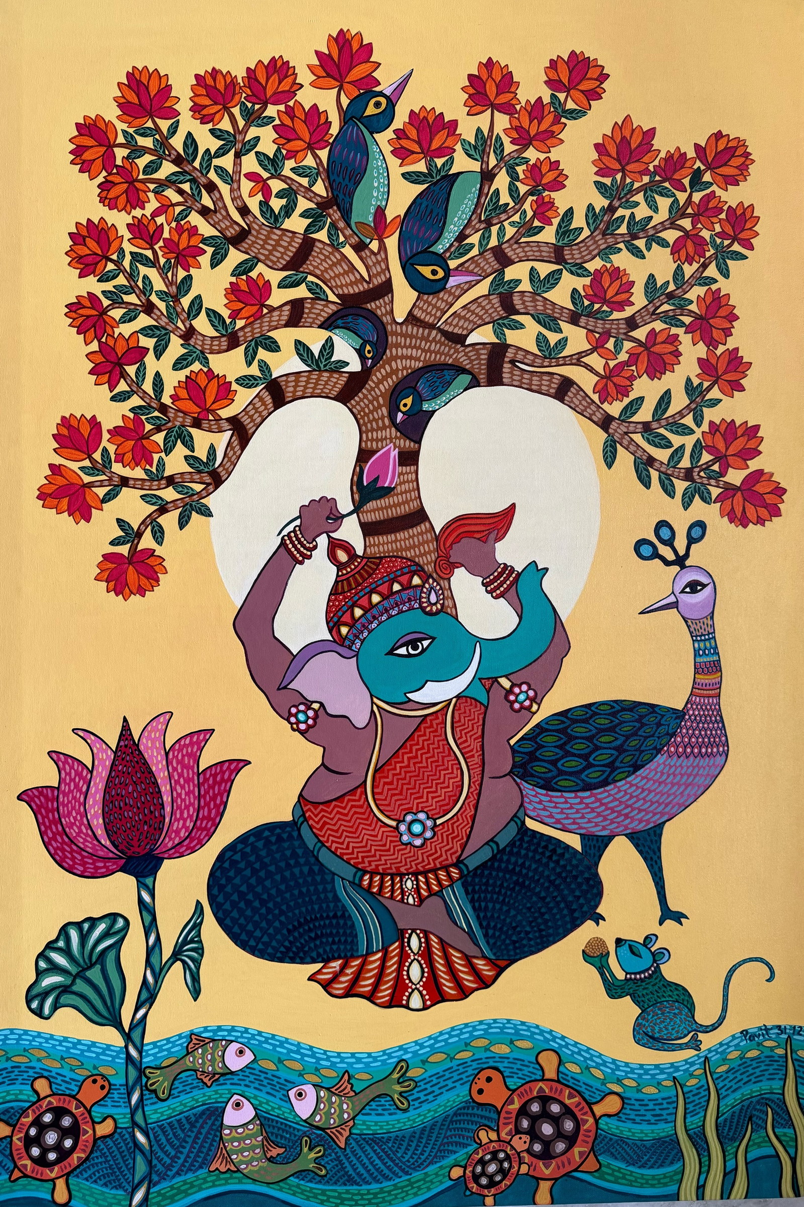 Dancing Ganesha beneath a flowering tree with peacock, lotus, fish and mice.