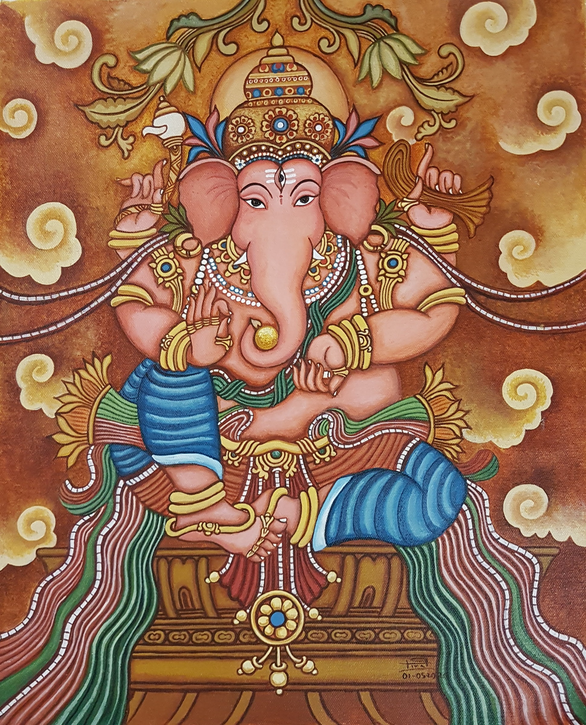 Seated Ganesha rendered in warm ochre, pink and blue with ornamental details.
