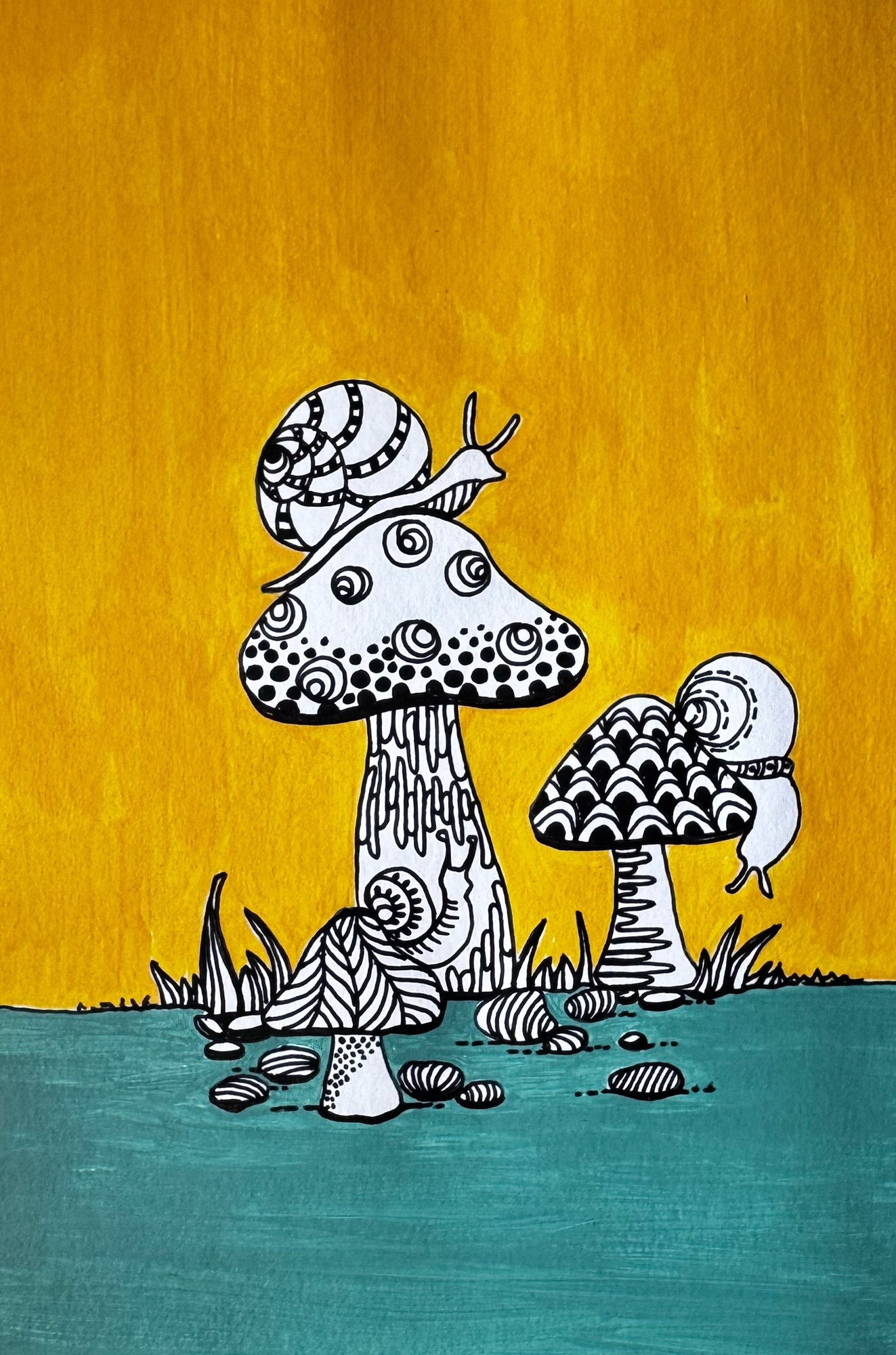 Patterned snails moving across mushrooms on an ochre ground.