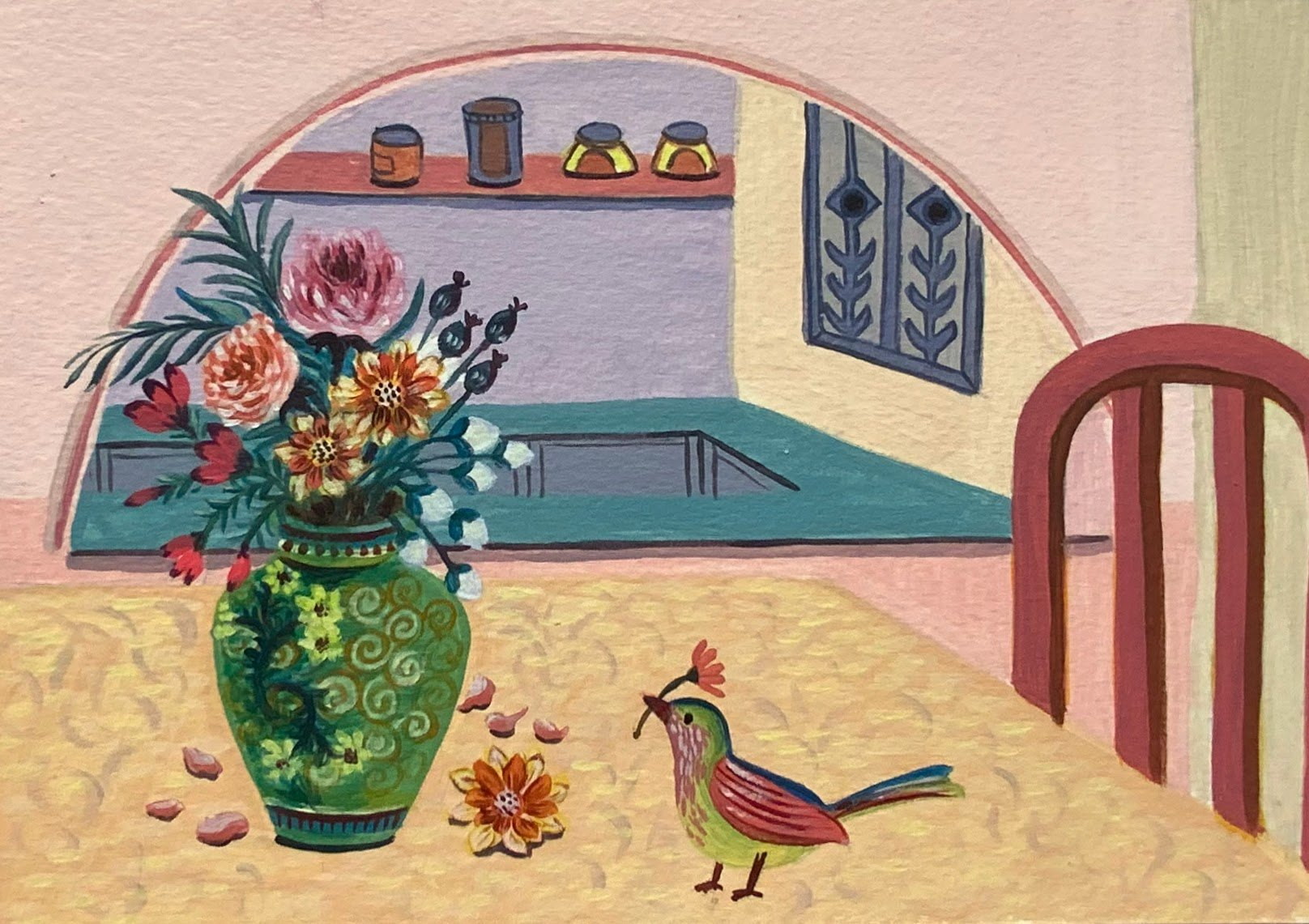 Small bird beside a decorated flower vase in a quiet interior.