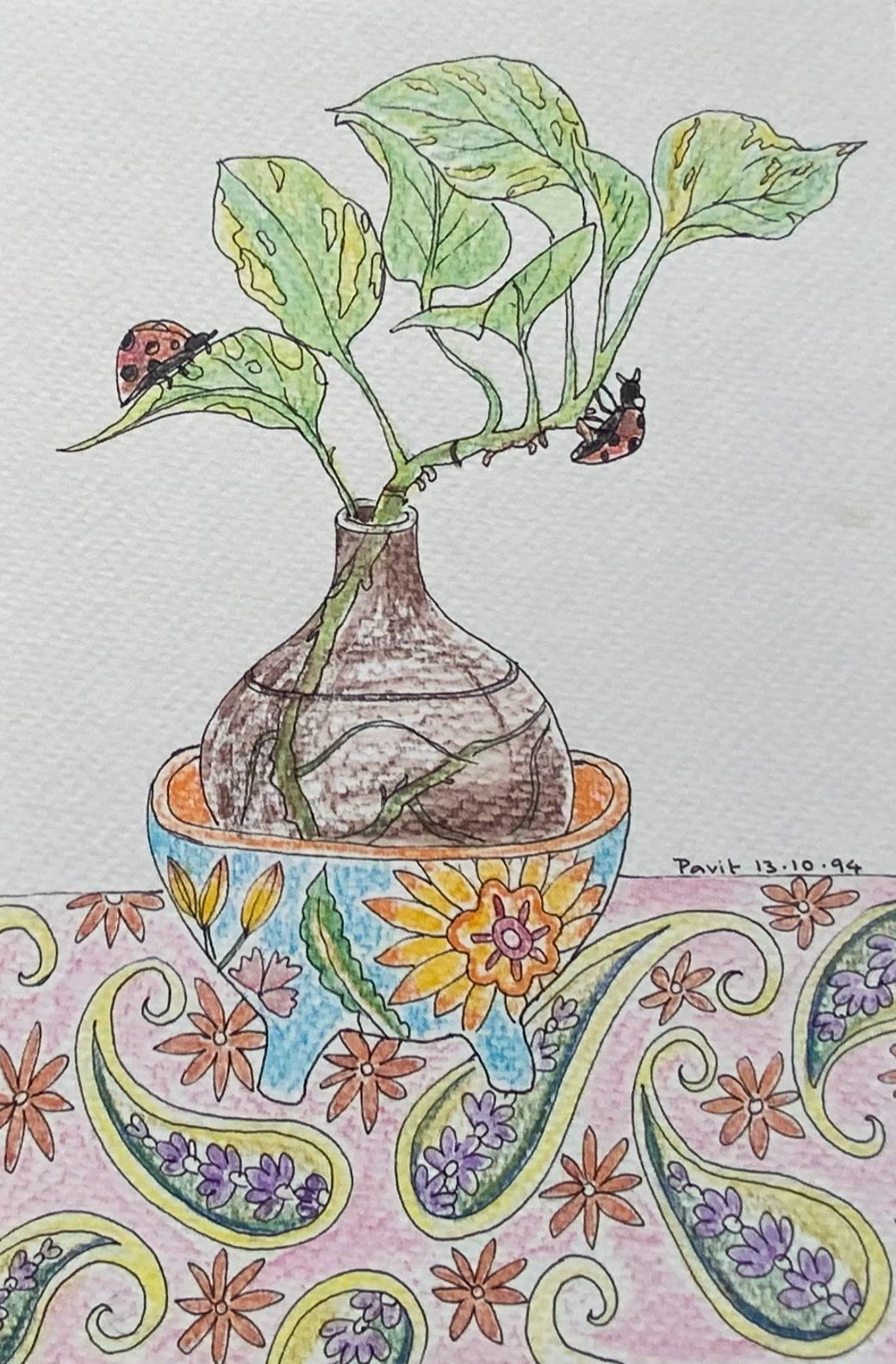 Potted leafy plant with two ladybirds above a patterned cloth.