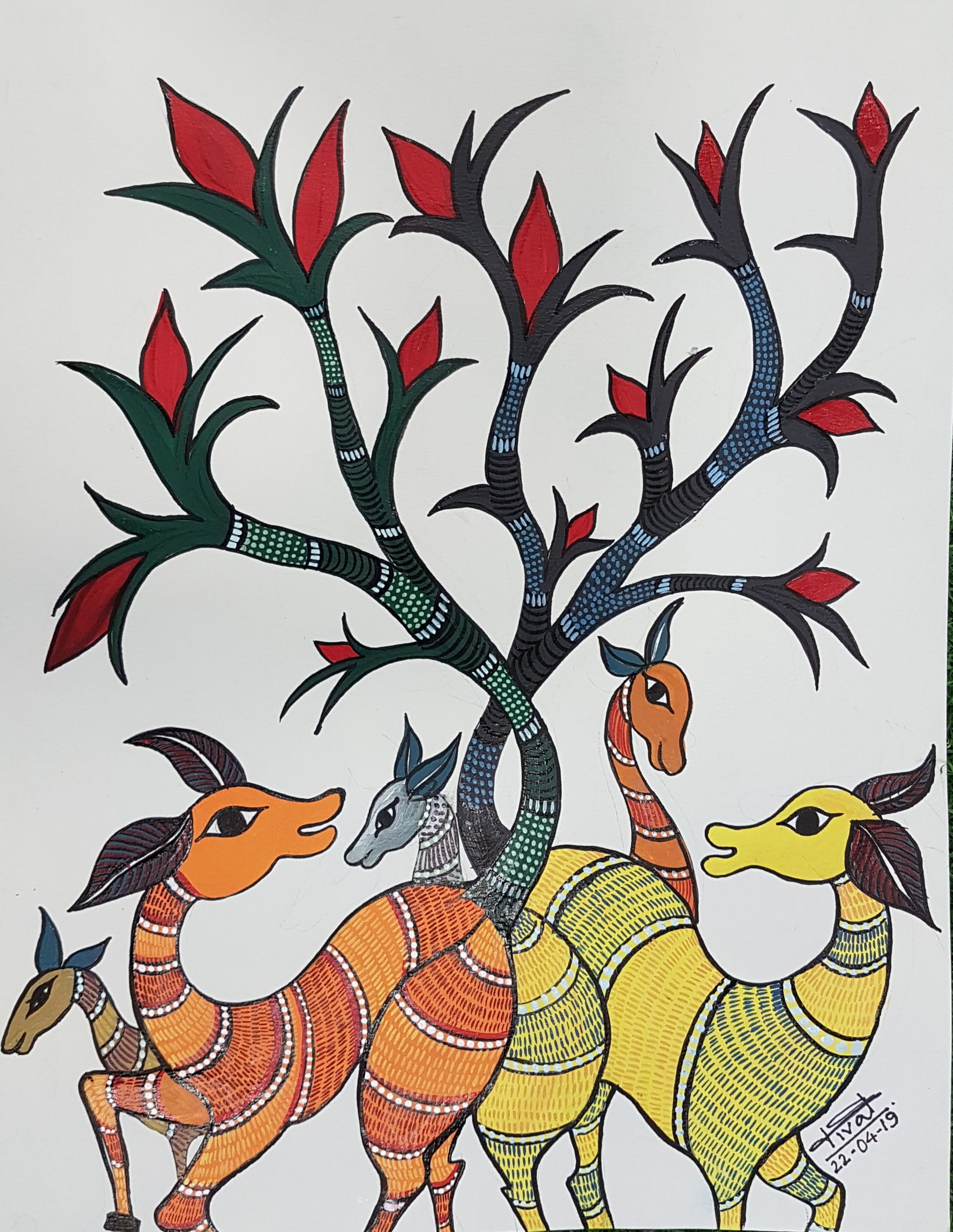 Four patterned deer gathered beneath branching red flowers.
