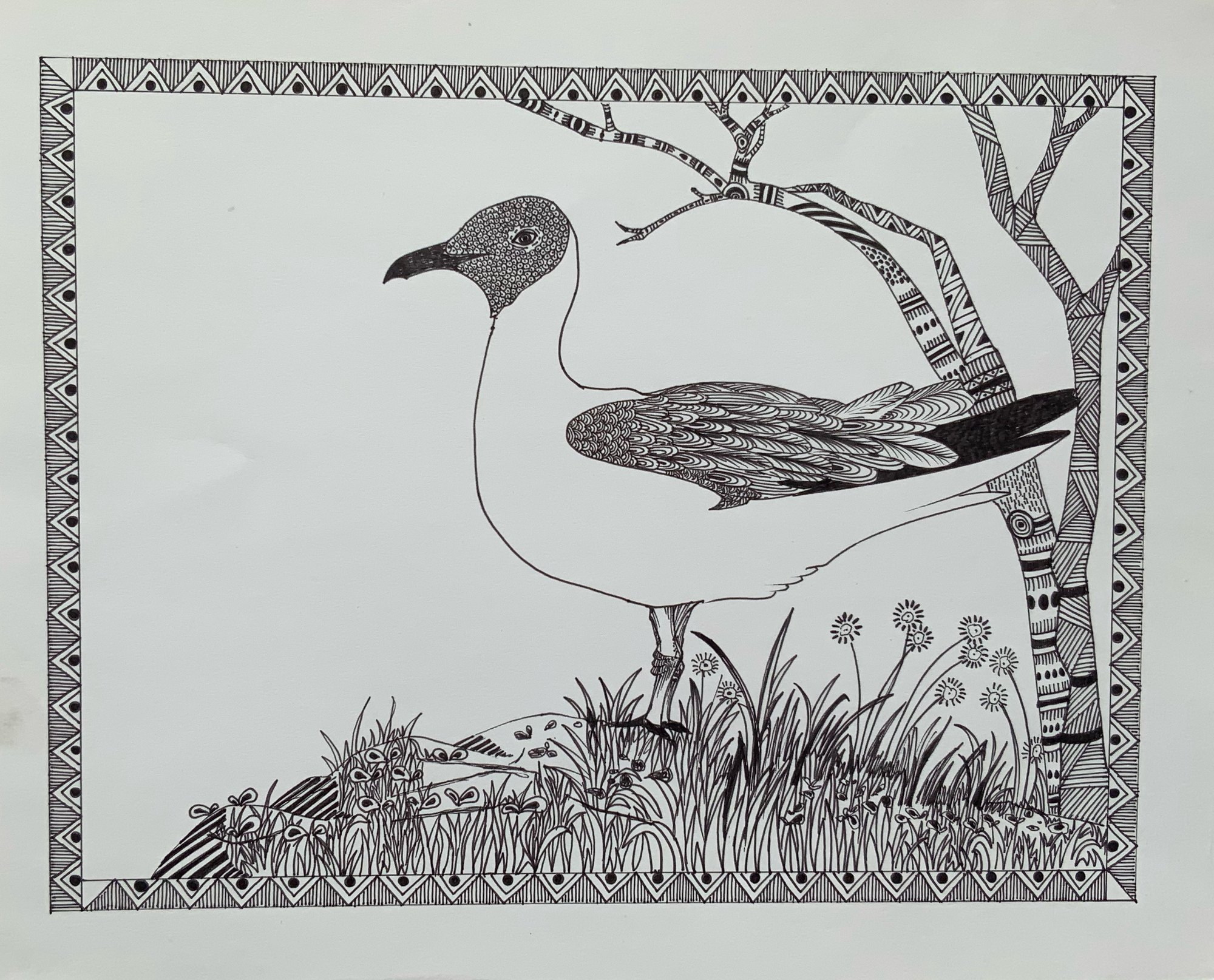 Pen-and-ink study of a standing bird framed by foliage.