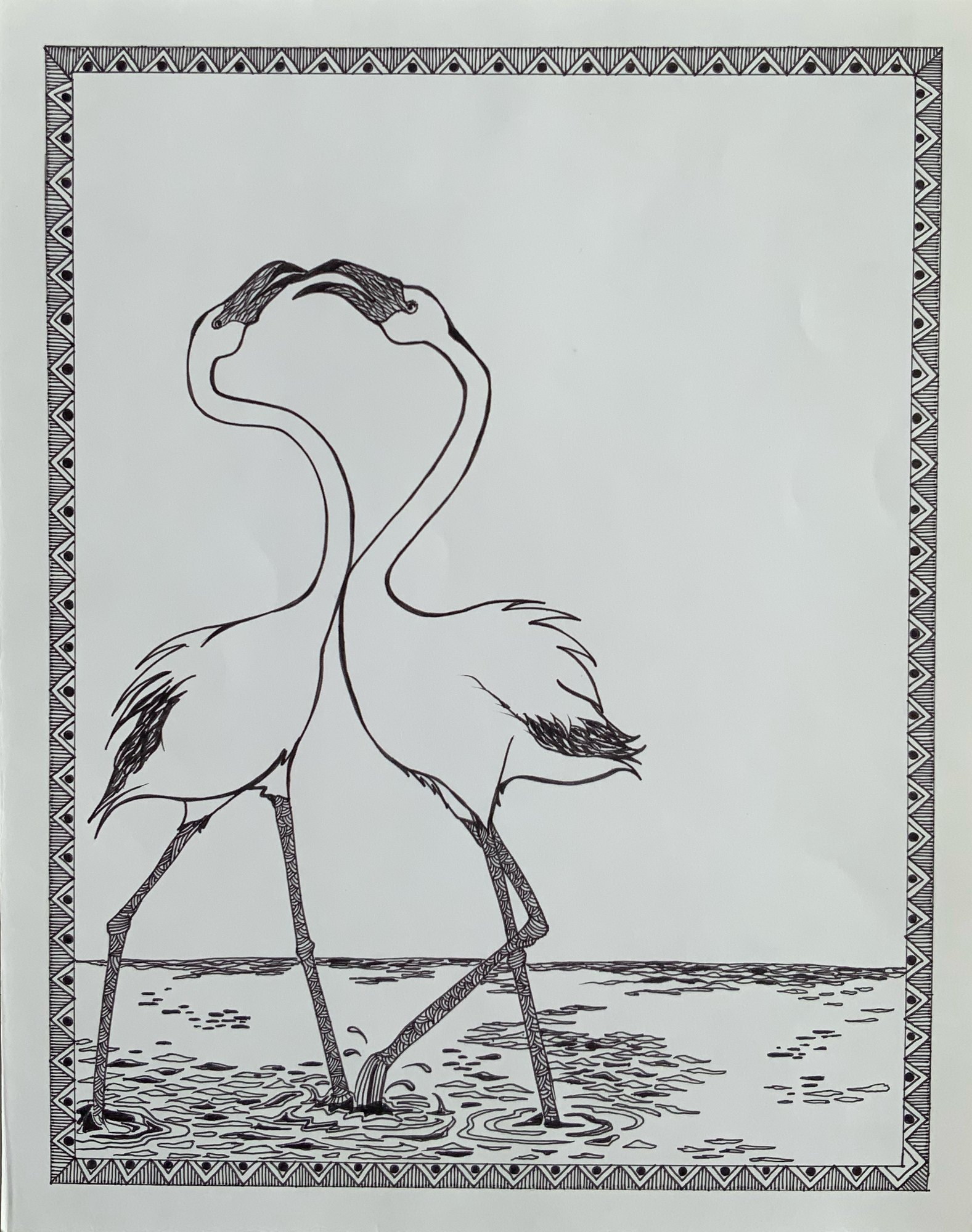 Pen-and-ink study of two long-legged birds facing one another.