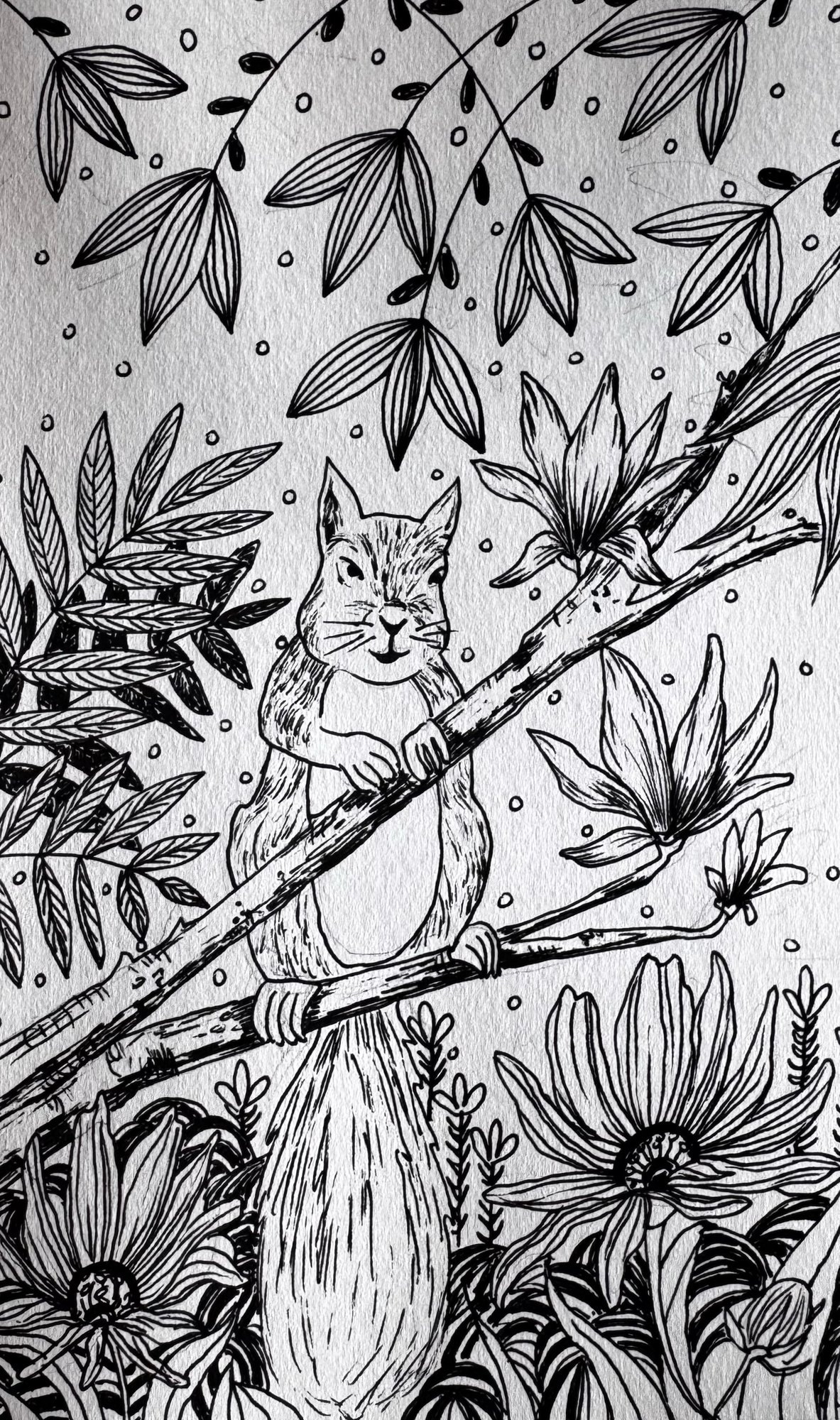 Cat seated among dense flowers and leaves in black ink.