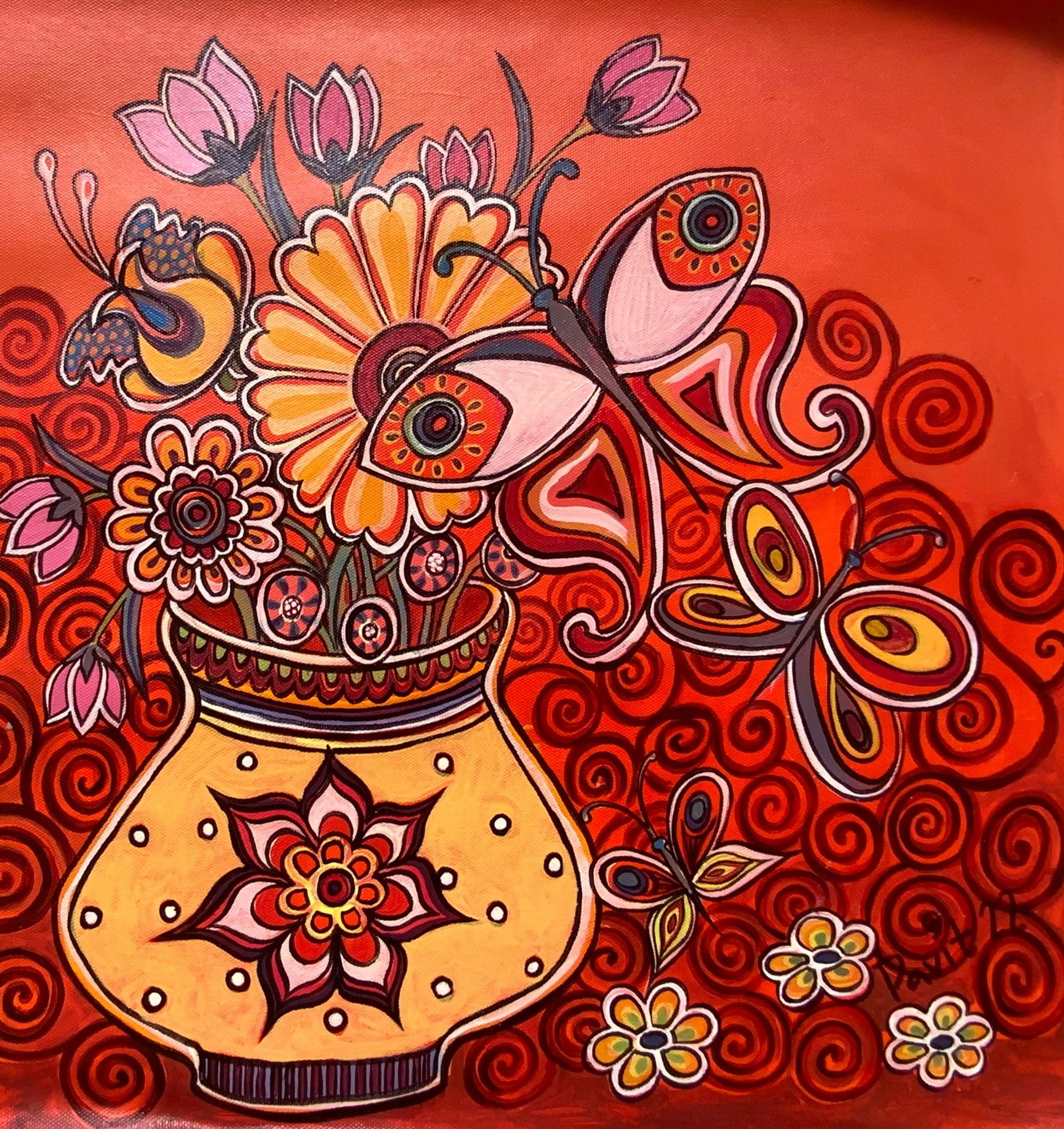 Decorated orange vase filled with stylised flowers against a glowing red ground.
