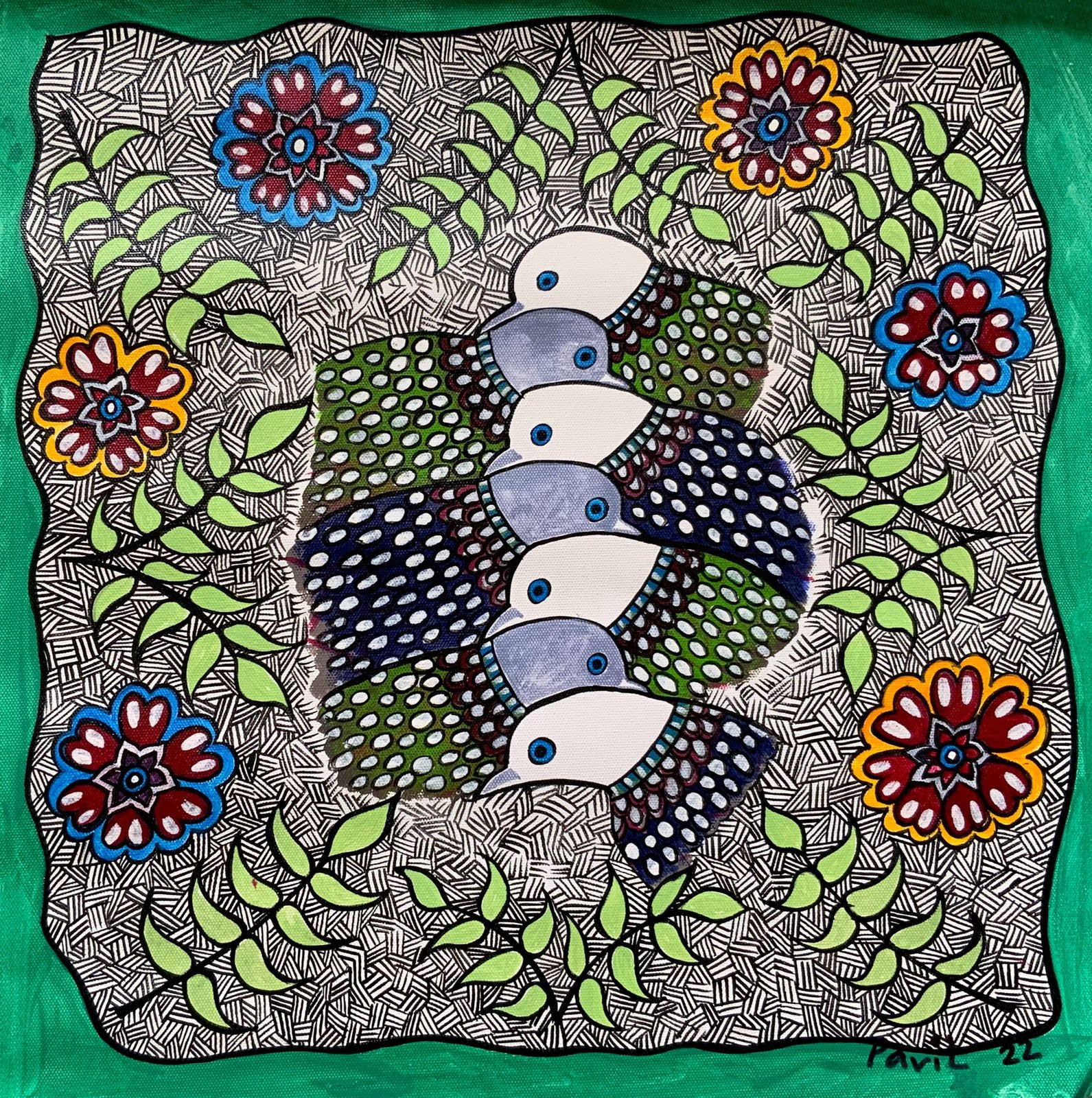 Five patterned pigeons gathered among flowers and dense black linework.