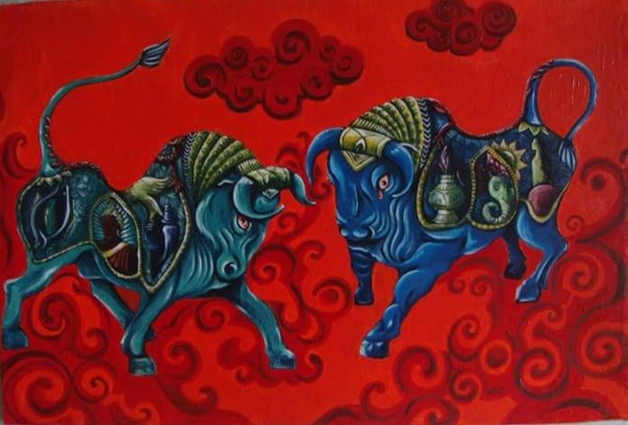 Two blue-black bulls facing one another against a red ground
