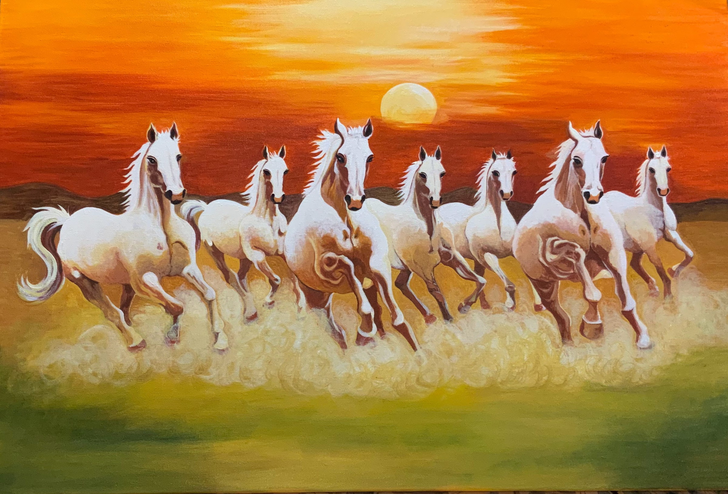 Seven white horses running across a golden landscape beneath an orange sunset.