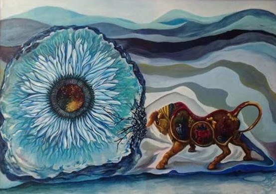 Bull advancing toward a monumental pale blue flower in a framed landscape.