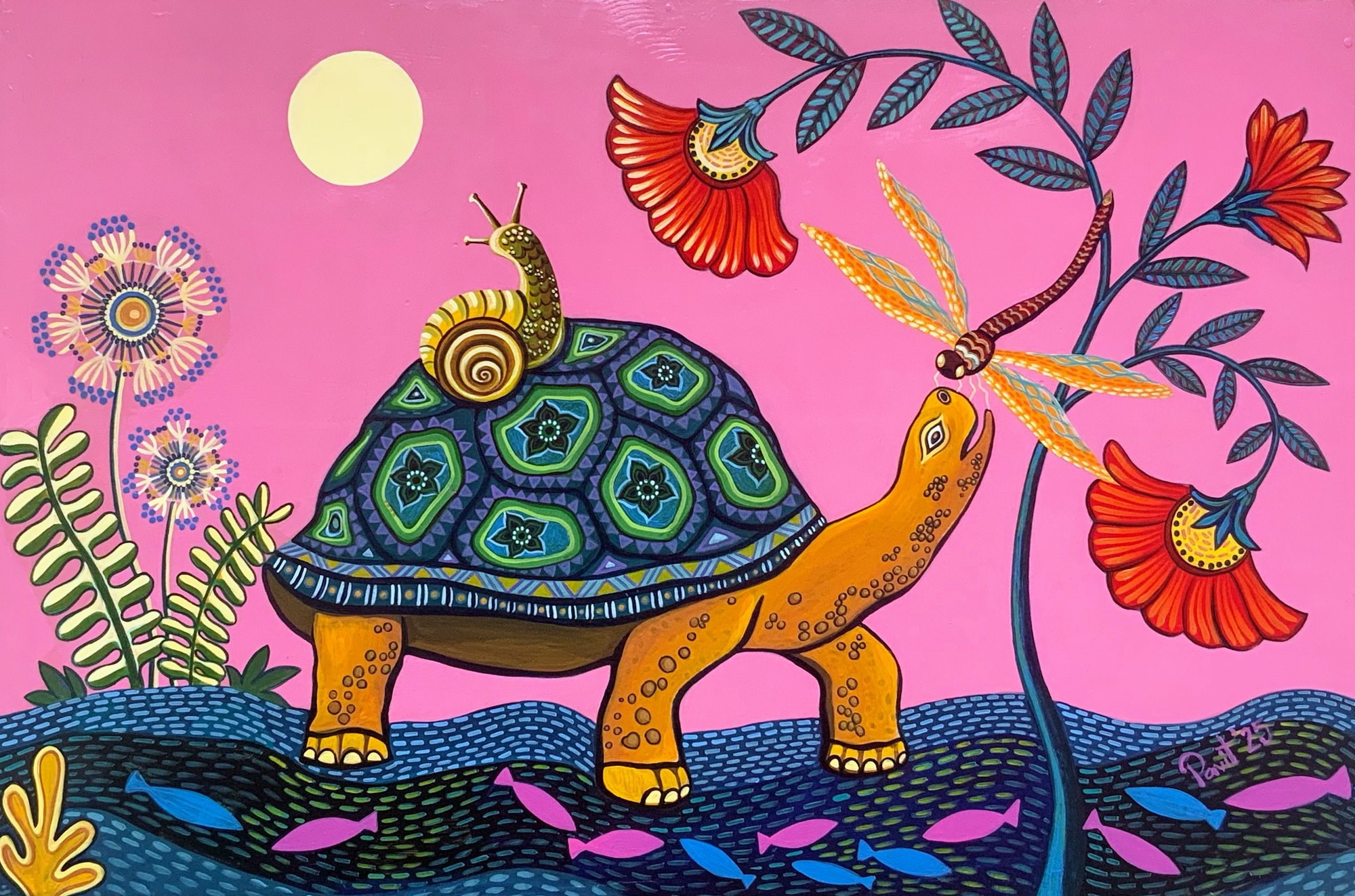 Patterned turtle carrying a snail through bright flowers beneath a pink sky.