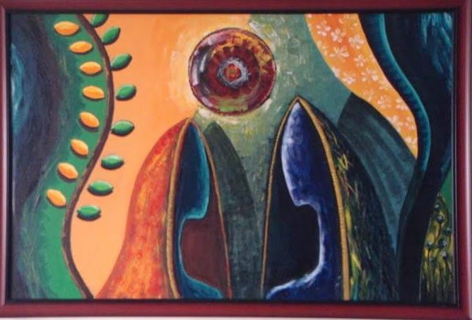 Two abstracted female figures formed from sweeping jewel-toned shapes.